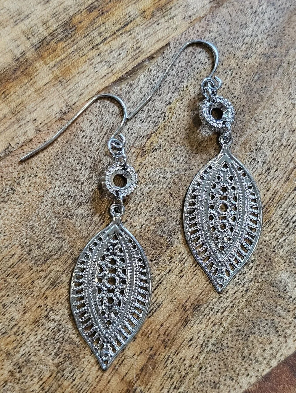 Silvertone Filigree Leaf Drop Earrings